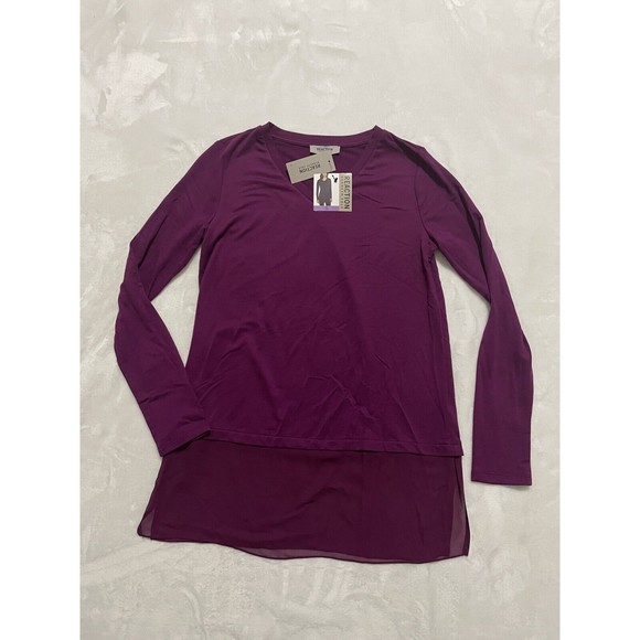 Reaction Kenneth Cole Chiffon Bottom V-Neck Tunic Small Dark Purple Top Shirt LS - Picture 1 of 8